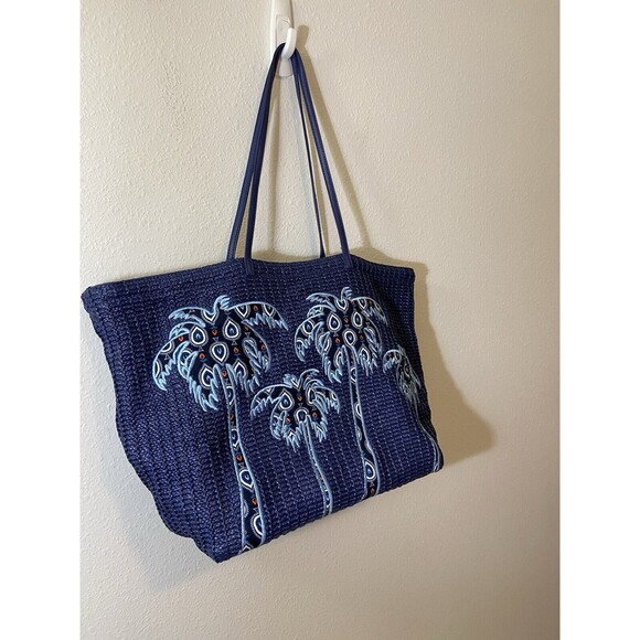 Vera Bradley Tote Bag Womens Carry All Navy Blue White Palm Trees Beachy Boho - Picture 2 of 7